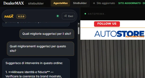 Il pannello AgenteMax da vicino: la conversazione con il dealer dentro il sitebuilder