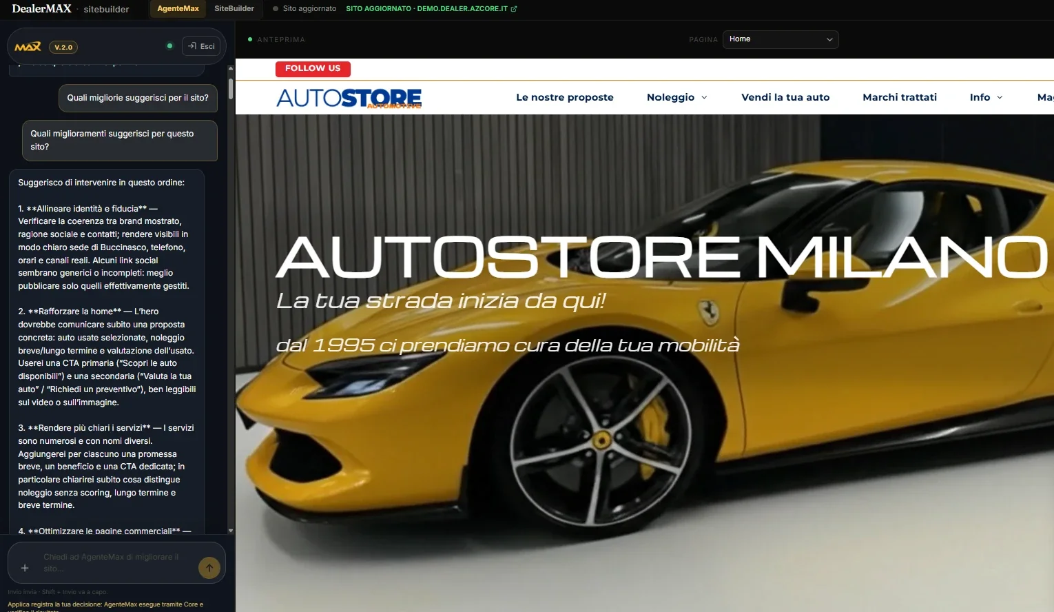 AgenteMax nel sitebuilder DealerMAX: a sinistra la conversazione con i suggerimenti per il sito, a destra l’anteprima del sito del concessionario