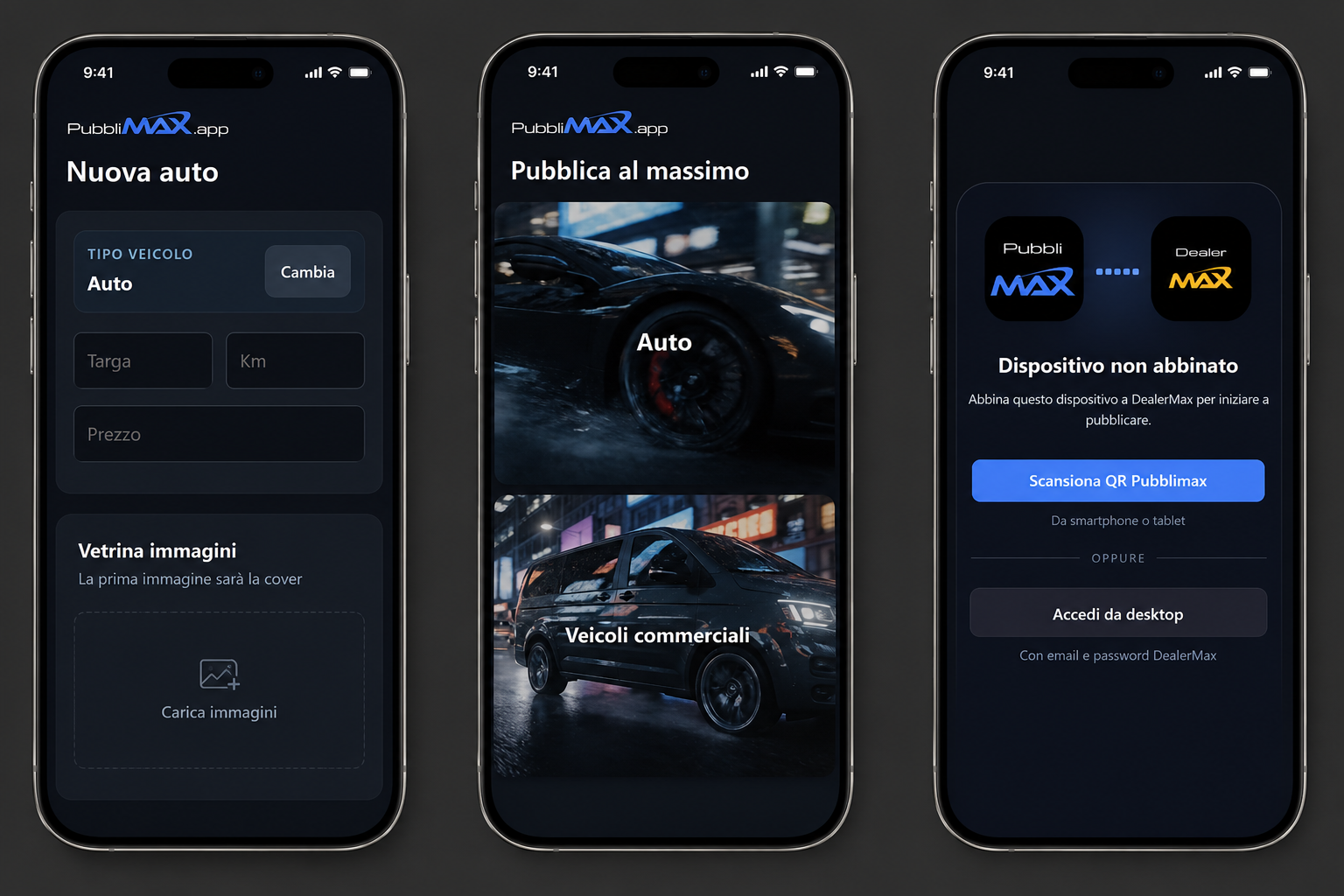 Mockup PubbliMAX: inserimento di targa, km e prezzo, pubblicazione di immagini e collegamento a DealerMAX.