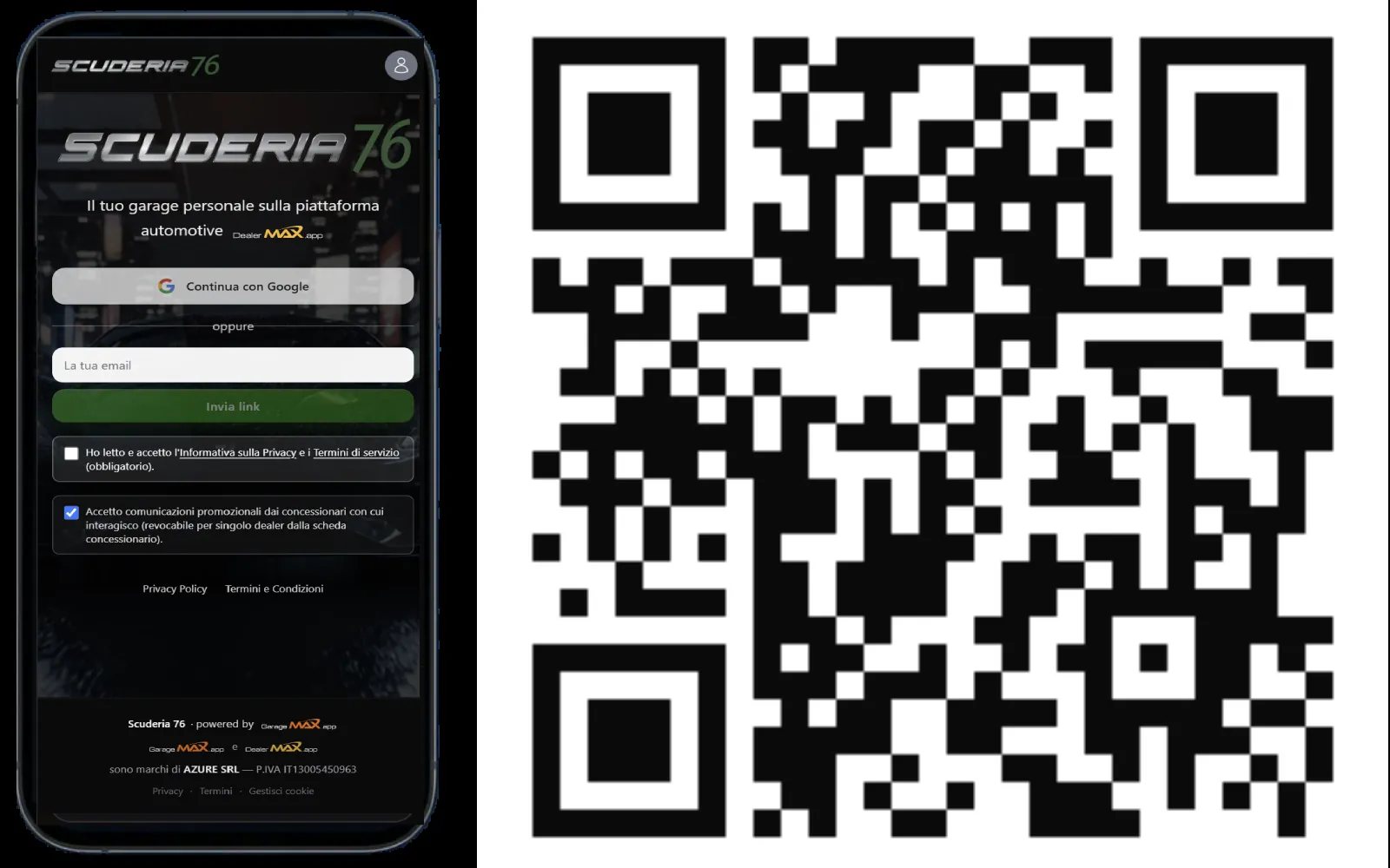 Il QR del garage brandizzato del concessionario, pronto da scaricare in Sito → Dominio e da consegnare al cliente